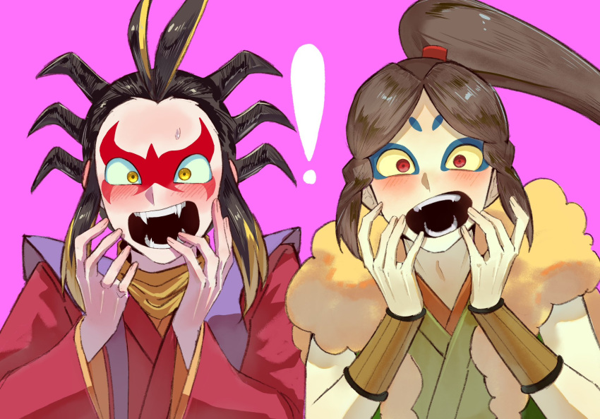 !, 2boys, blue_eyeshadow, blush, brown_eyes, brown_hair, colored_sclera, commentary_request, eyeshadow, highres, japanese_clothes, long_hair, looking_at_viewer, makeup, multiple_boys, numa_numa5656, oogama_(youkai_watch), open_mouth, pink_background, ponytail, red_eyes, simple_background, teeth, tsuchigumo_(youkai_watch), yellow_sclera, youkai_(youkai_watch), youkai_watch