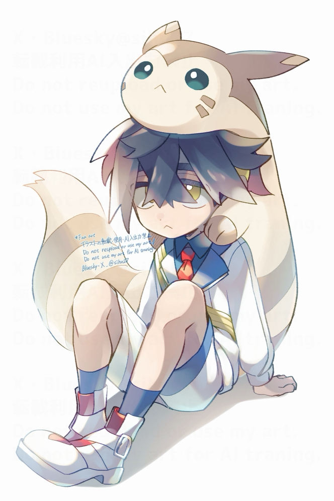 1boy, :<, black_hair, blue_shirt, blue_socks, clear_2758, closed_mouth, collared_shirt