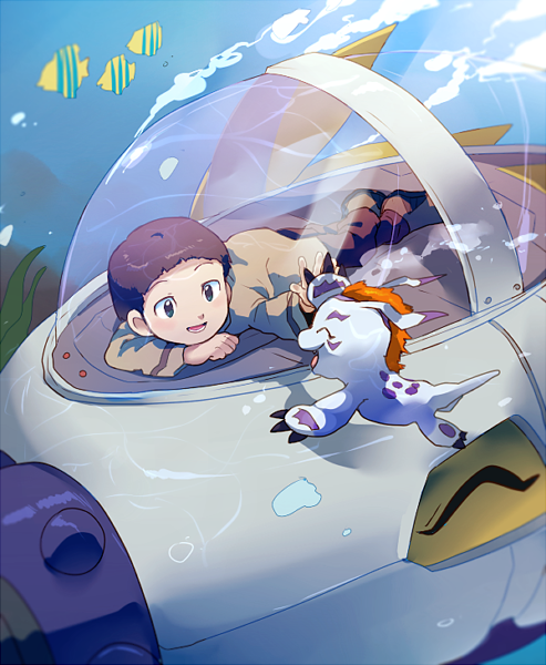 1boy, air_bubble, algae, brown_hair, bubble, closed_eyes, digimon, digimon_(creature)