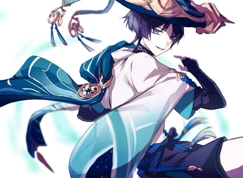 1boy, belt, black_belt, black_bow, black_hakama, black_shorts, black_tank_top, blnl_uhauha, blue_cape, blue_eyes, blue_hat, blunt_ends, bow, bridal_gauntlets, cape, eyeshadow, floating_cape, flower_ornament, from_side, genshin_impact, gold_trim, hakama, hakama_shorts, hand_up, hashtag-only_commentary, hat, highres, japanese_clothes, jingasa, looking_at_viewer, magic, makeup, male_focus, parted_bangs, purple_hair, red_eyeshadow, scaramouche_(genshin_impact), shirt, short_hair, short_sleeves, shorts, simple_background, smile, solo, tank_top, tassel, teeth, wanderer_(genshin_impact), white_background, white_shirt
