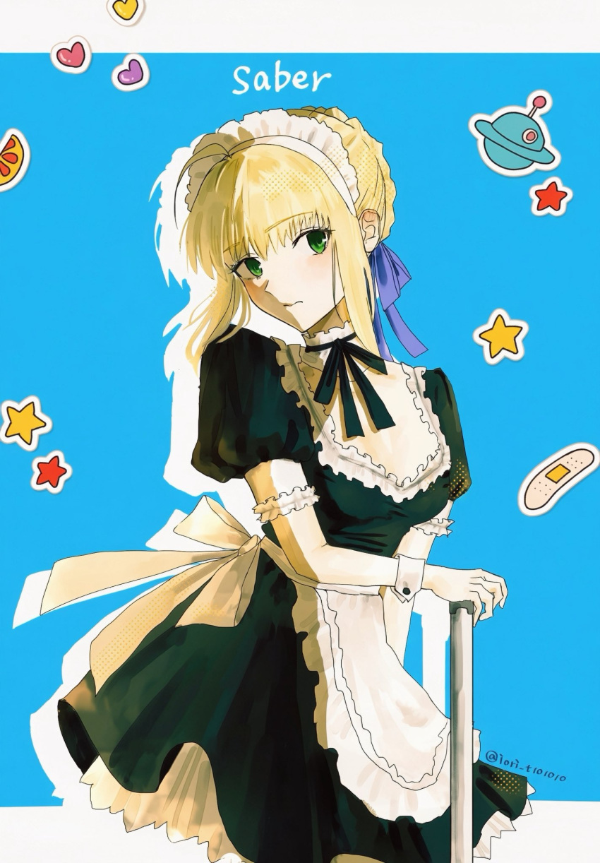 1girl, ahoge, apron, artist_name, artoria_pendragon_(fate), back_bow, bandaid, black_dress