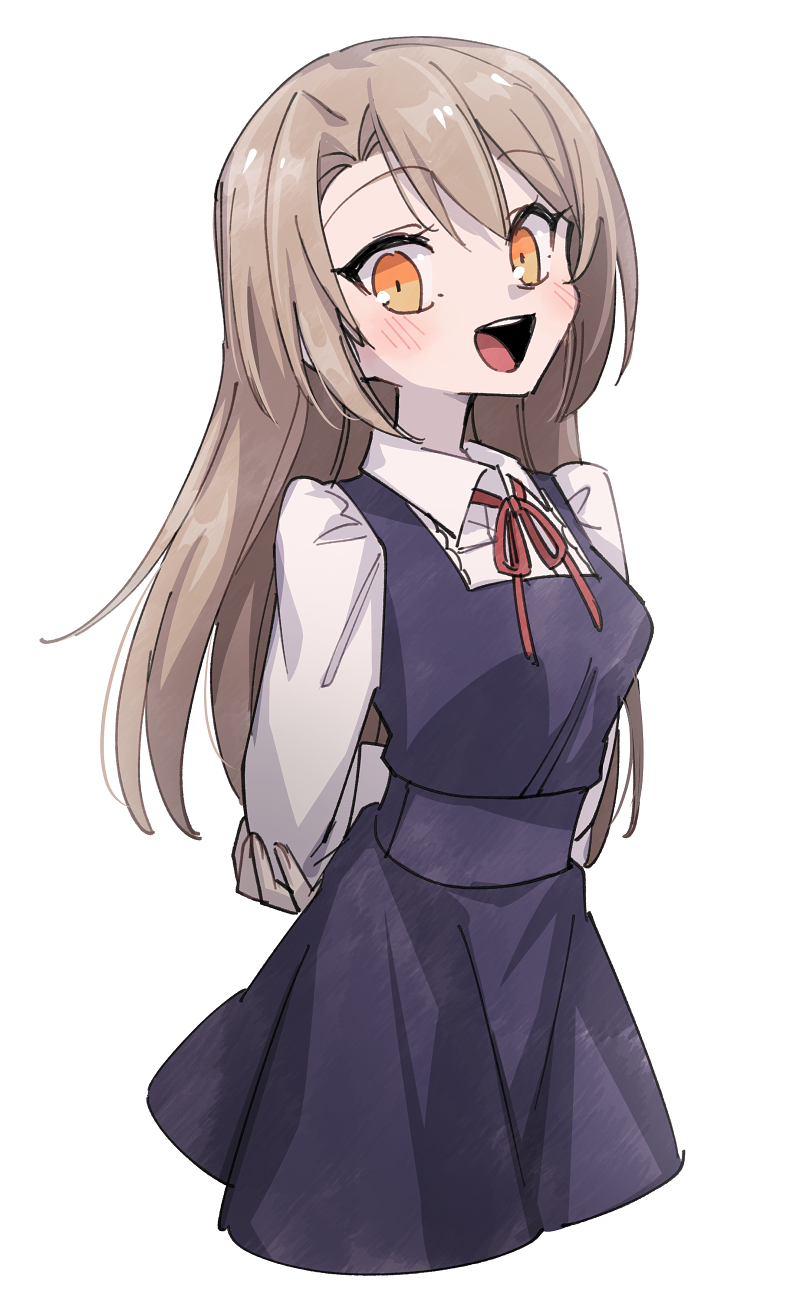 1girl, :d, alternate_costume, alternate_hair_length, alternate_hairstyle, arms_behind_back, blue_dress, brown_hair