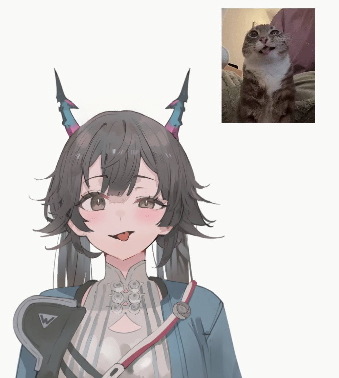 1girl, :p, arknights, arknights:_endfield, black_hair, blue_horns, blue_jacket, brown_hair