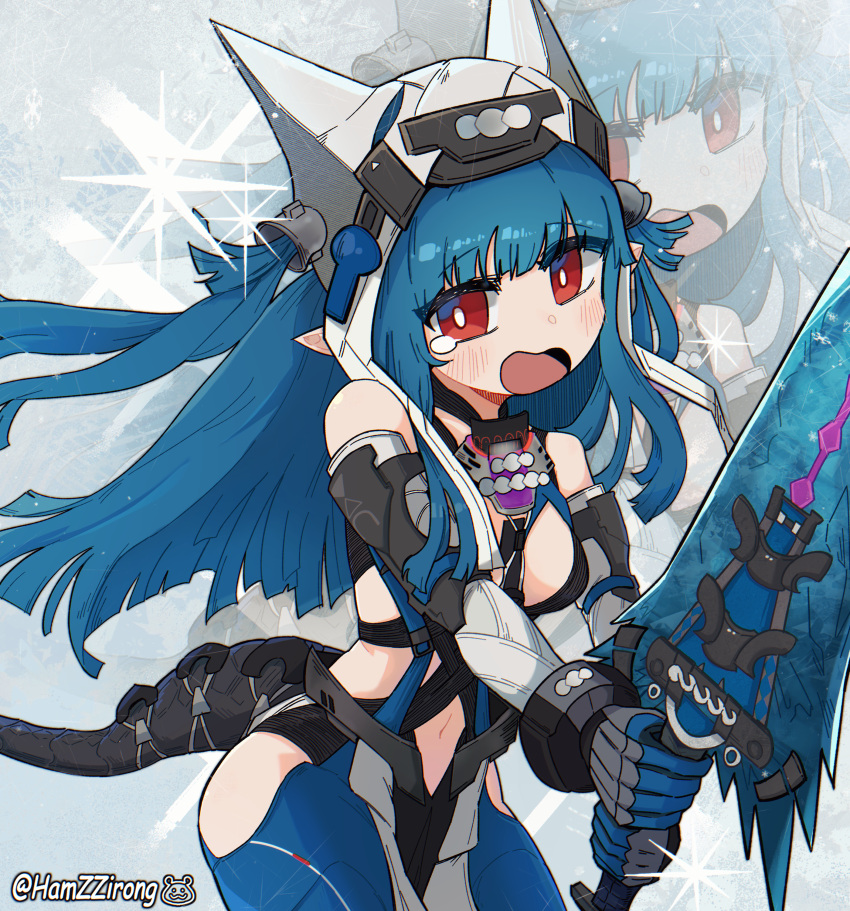 1girl, absurdres, arknights, arknights:_endfield, bare_shoulders, blue_hair, blunt_bangs, bodysuit