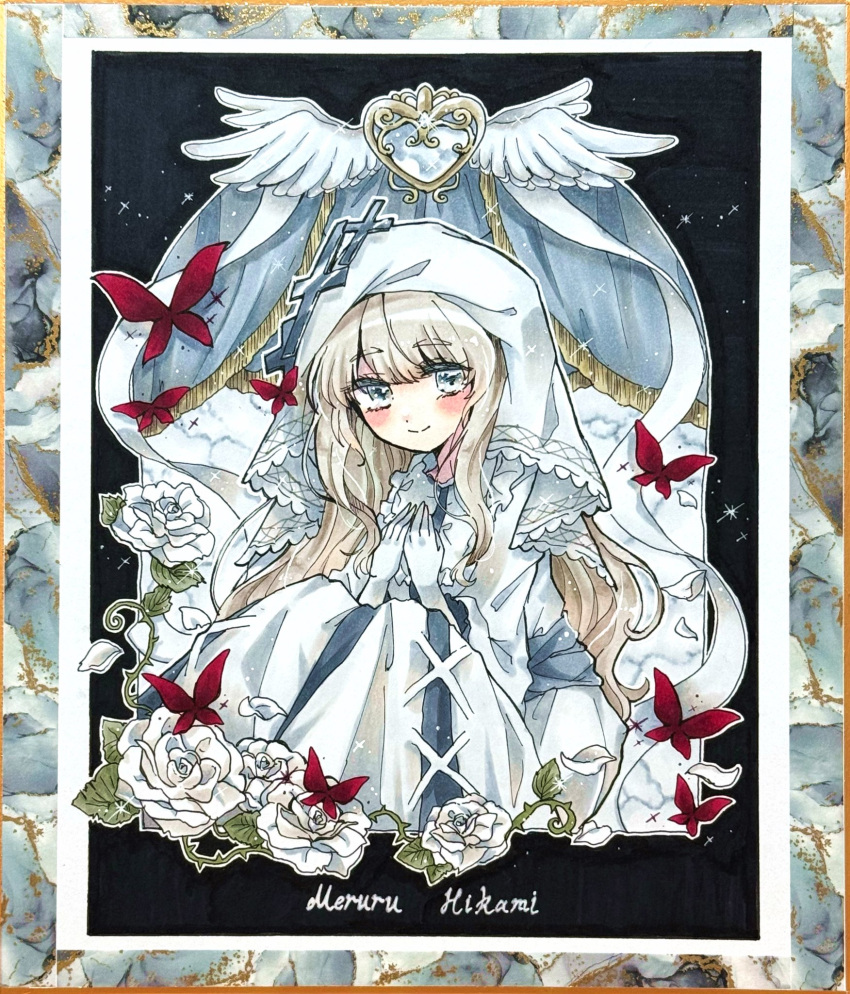 1girl, black_background, blonde_hair, bug, butterfly, character_name, commentary_request, dress