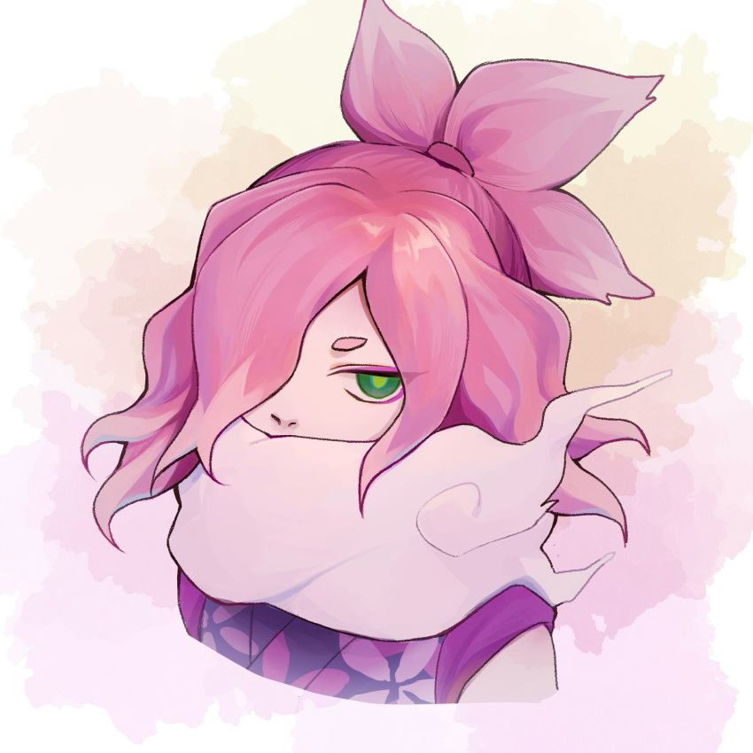 1boy, commentary_request, djob7ycnem9, green_eyes, hair_over_one_eye, highres, looking_at_viewer, pink_hair