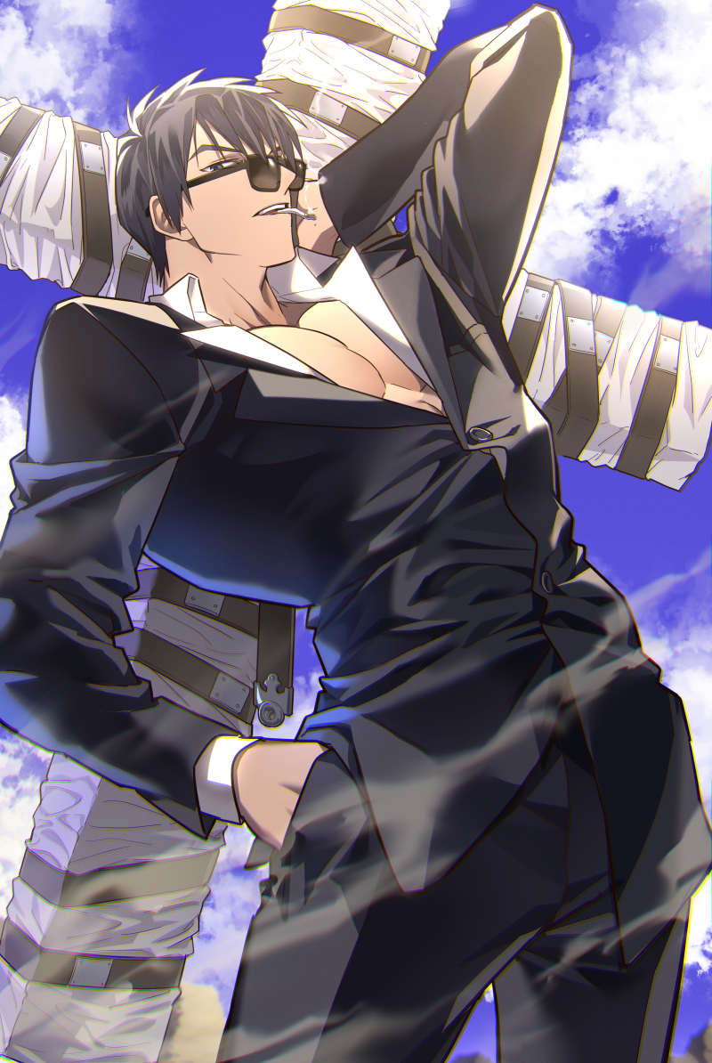 1boy, belt, belt_buckle, black_belt, black_eyes, black_hair, black_jacket, black_pants, buckle, clouds, collared_shirt, cowboy_shot, cross, dress_suit, formal_clothes, hand_in_pocket, holding, holding_behind_back, holding_cross, jacket, lapels, layered_sleeves, long_sleeves, looking_down, min_(bellta), nicholas_d._wolfwood, pants, partially_open_shirt, pectoral_cleavage, pectorals, shirt, sky, smoking, suit, suit_jacket, sunglasses, trigun, white_shirt
