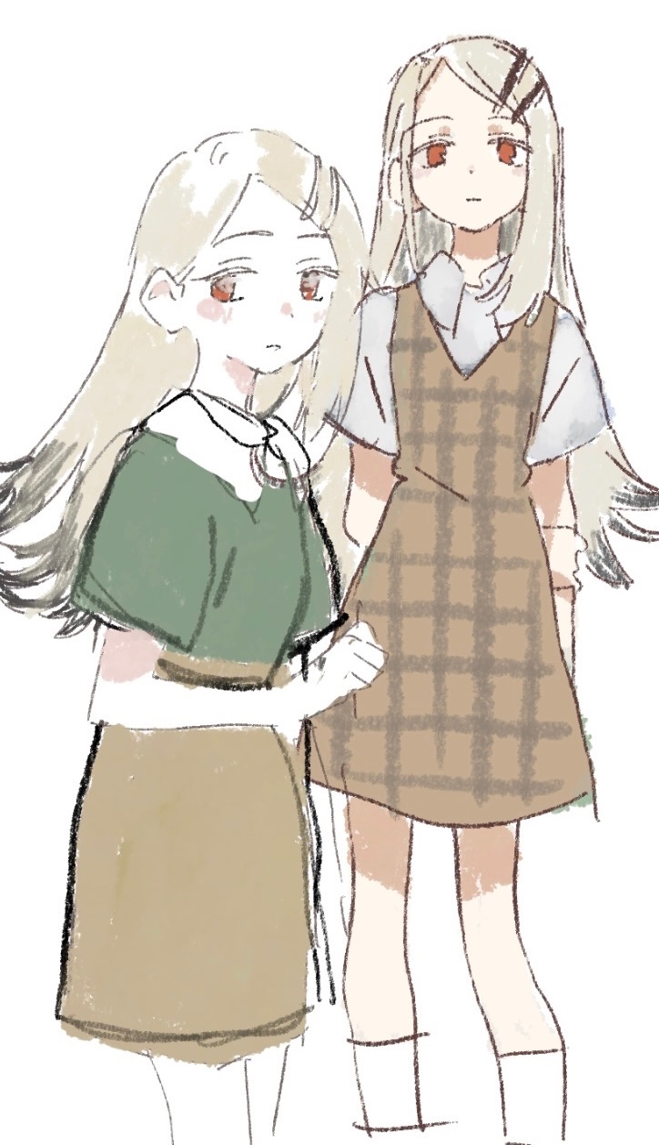 1girl, arms_behind_back, blush, brown_dress, brown_skirt, closed_mouth, collared_shirt, cowboy_shot