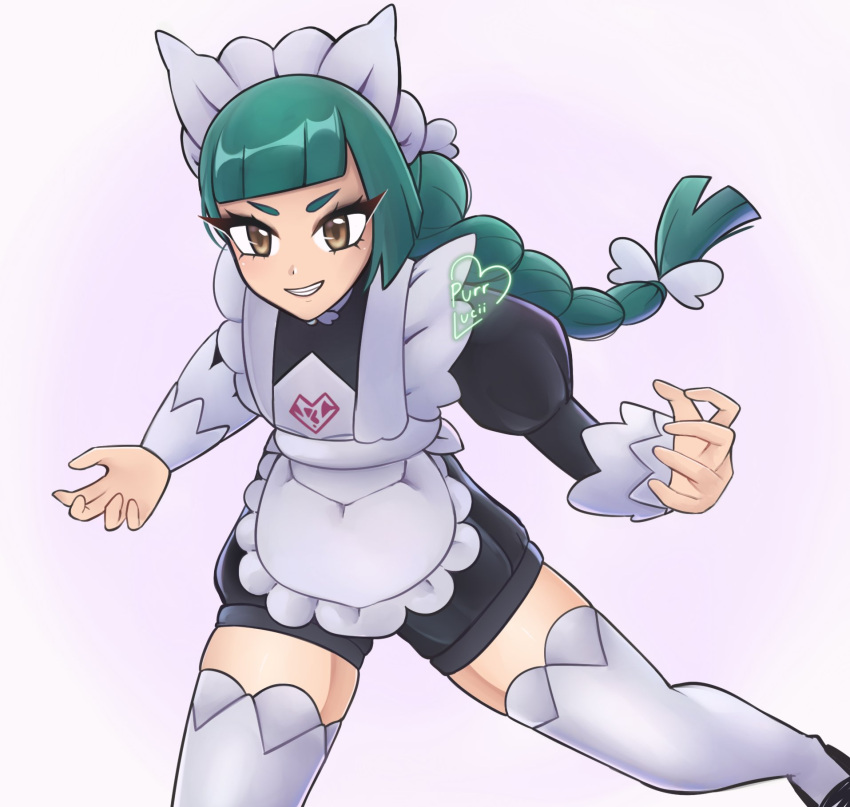 1girl, apron, aqua_hair, artist_name, braid, fighting_stance, highres, lebanne_(pokemon)