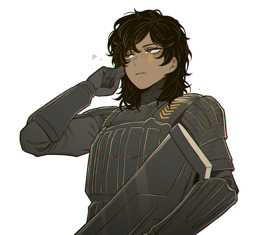 1girl, armor, black_armor, black_eyes, black_hair, dark-skinned_female, dark_skin, eye_of_horus, gun, highres, holding, holding_gun, holding_weapon, jamila_(project_moon), limbus_company, medium_hair, misg1111, project_moon, rifle, simple_background, solo, udjat_(project_moon), vest, vest_pouch, weapon, white_background, wolf_cut