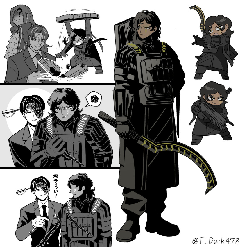 1boy, 2girls, ?, angry, armor, ascot, black_armor, black_coat