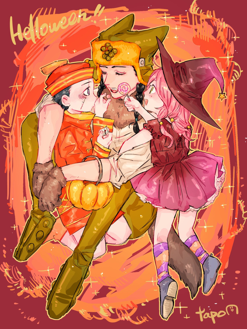 1girl, 2boys, aged_down, animal_ears, animal_hands, black_hair, braid, brown_dress