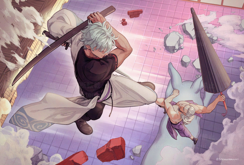 2boys, architecture, artist_name, battle, belt, black_boots, black_shirt, black_umbrella