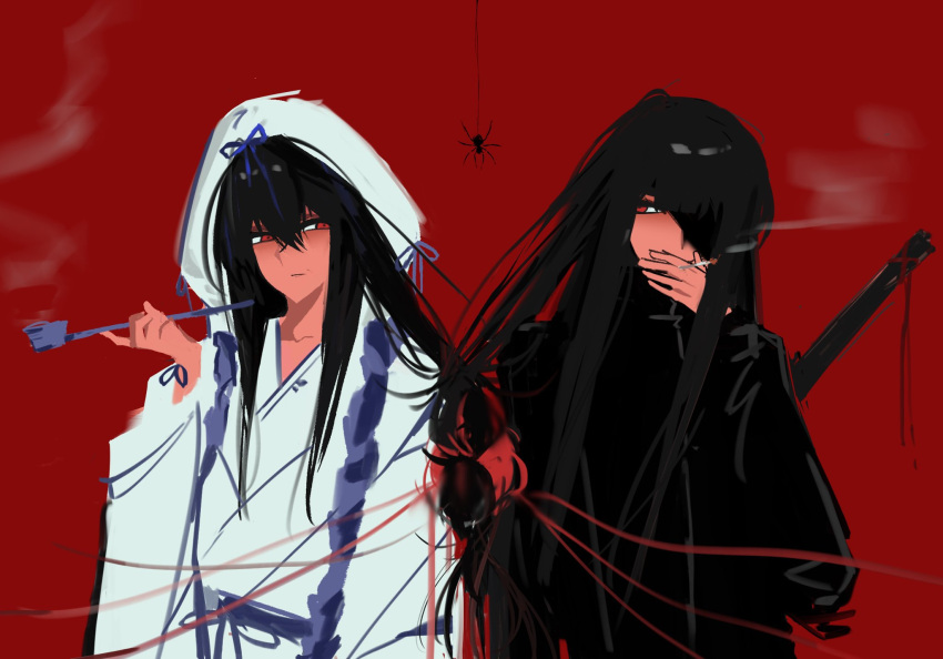 2girls, black_hair, black_track_suit, blue_ribbon, bug, cigarette, dihui_star, hair_tied_together, hashtag-only_commentary, highres, holding, holding_cigarette, holding_smoking_pipe, japanese_clothes, karasu_crownest, kimono, limbus_company, long_hair, looking_at_another, mother_and_daughter, multiple_girls, ootachi, project_moon, red_background, red_eyes, red_ribbon, ribbon, ryoshu_(project_moon), shiomi_yoru_(project_moon), shiromuku, simple_background, smoke, smoking, smoking_pipe, spider, string, string_of_fate, sword, track_suit, uchikake, weapon, white_kimono