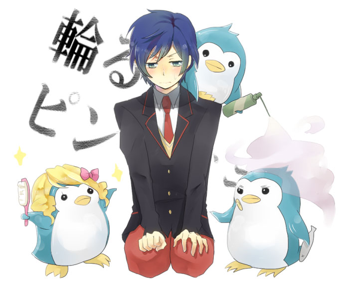 bandaid, bird, blazer, blue_eyes, blue_hair, fish, male, mawaru_penguindrum