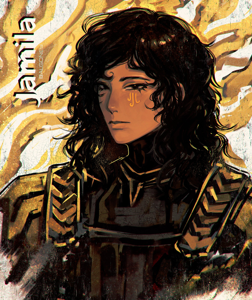 1girl, algoney, armor, black_armor, black_eyes, black_hair, character_name, dark-skinned_female