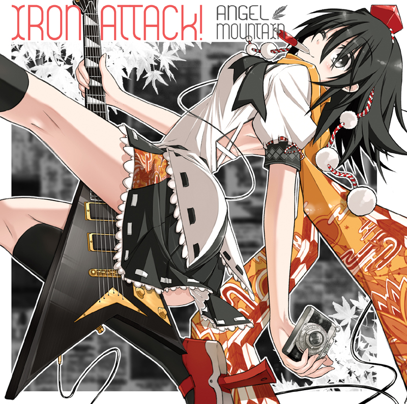 album_cover, back, bad_id, black_eyes, black_hair, black_legwear, camera, cover