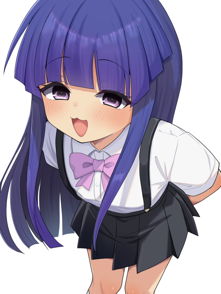 1girl, :3, arms_behind_back, black_skirt, blue_hair, blunt_bangs, blush, commission, drop_shadow, feet_out_of_frame, furude_rika, highres, higurashi_no_naku_koro_ni, kneehighs, long_hair, looking_at_viewer, open_mouth, pleated_skirt, school_uniform, shirt, short_sleeves, simple_background, skeb_commission, skirt, socks, solo, standing, suspenders, violet_eyes, white_background, white_shirt, white_socks, yuno_ff