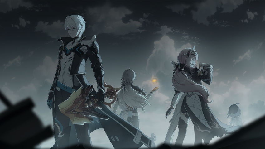 2boys, 2girls, absurdres, ahoge, bad_source, black_coat, black_gloves, black_thighhighs