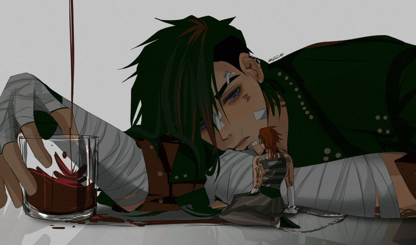 2girls, alcohol, arcane:_league_of_legends, arcane_brawler_vi, arcane_vi, arm_tattoo, artist_name, asymmetrical_hair, bags_under_eyes, bandage_on_face, bandages, black_hair, black_jacket, blue_eyes, cuffs, drunk, dual_persona, earrings, eyebrow_cut, face_piercing, facial_tattoo, glass, hand_wraps, highres, jacket, jewelry, league_of_legends, mini_person, minigirl, multiple_girls, neck_tattoo, nose_piercing, nose_ring, pants, piercing, pink_hair, saudzai, shackles, short_hair, sidecut, studded_jacket, tank_top, tattoo, undercut, vi_(league_of_legends)