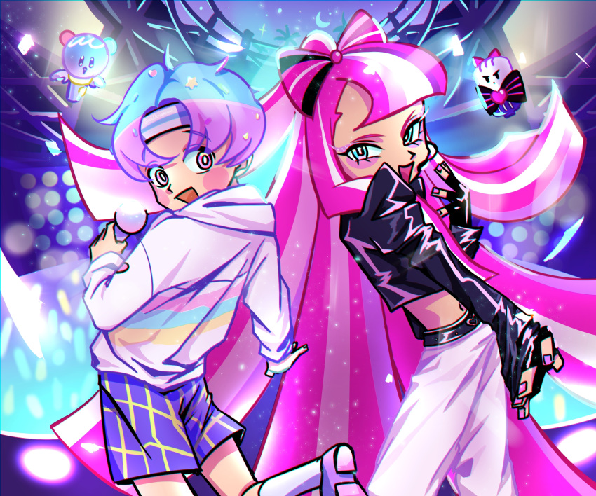 1boy, 1girl, angel_lightstick, belt, blue_hair, blush, bow, cookie_run, cookie_run:_ovenbreak, cropped_jacket, eyelashes, eyeshadow, fingerless_gloves, glitter, glitter_in_hair, glitter_makeup, gloves, hair_bow, headband, headset, heart, highres, holding, holding_microphone, hood, hoodie, long_hair, makeup, microphone, multicolored_hair, nail_polish, pink_hair, pink_nails, popping_candy_cookie, producer_mic, shining_glitter_cookie, short_hair, smile