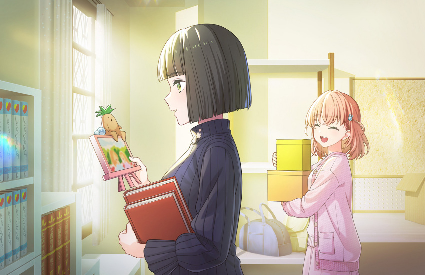 2girls, ^_^, black_hair, black_sweater, blunt_bangs, blunt_ends, bob_cut, book