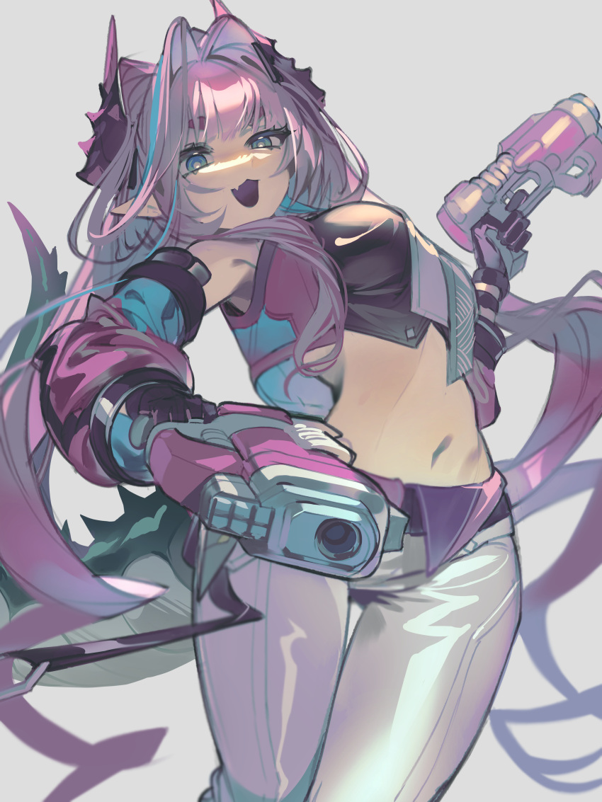 1girl, absurdres, ah_himdler, arknights, arknights:_endfield, artzy_tyrannical_(arknights), bare_shoulders, blue_eyes, commentary, crop_top, detached_sleeves, dragon_girl, dragon_horns, dragon_tail, grey_background, gun, hair_intakes, handgun, highres, holding, holding_gun, holding_weapon, horns, long_hair, looking_at_viewer, multicolored_hair, navel, open_mouth, pants, pink_hair, pointy_ears, sidelocks, simple_background, streaked_hair, tail, tight_clothes, tight_pants, weapon, yvonne_(arknights)