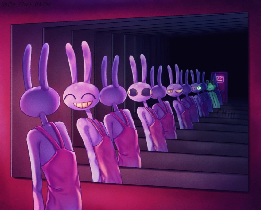 1boy, 1girl, animal_ears, artist_name, closed_eyes, colored_skin, colored_teeth, commentary, emergency_exit, exit_sign, from_behind, highres, jax_(the_amazing_digital_circus), looking_at_reflection, mirror, multiple_reflections, multiple_views, mya_(me_owo_meow), pink_suspenders, purple_skin, rabbit_boy, rabbit_ears, ribbit_(the_amazing_digital_circus), smile, the_amazing_digital_circus, untranslatable_commentary, upper_body, wide-eyed, yellow_eyes, yellow_teeth