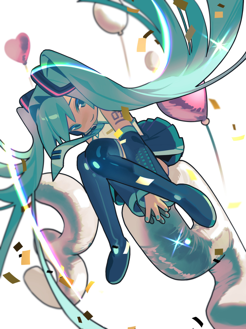 1girl, absurdres, ah_himdler, aqua_eyes, aqua_hair, aqua_necktie, balloon, bare_shoulders