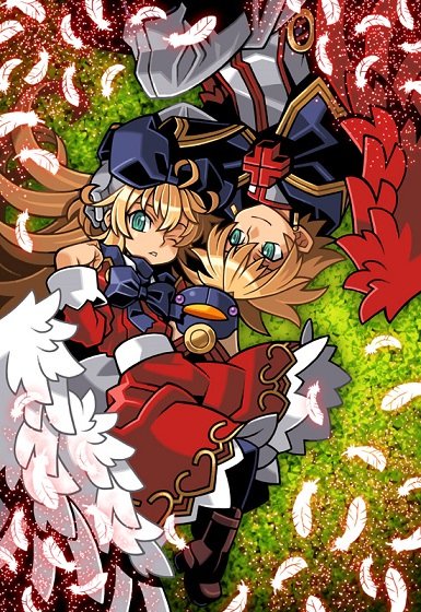 1boy, 1girl, alex_(shinrabanshou), ankle_boots, aqua_eyes, aruma_(shinrabanshou), blonde_hair, blue_bow, blue_capelet, boots, bow, brother_and_sister, brown_boots, capelet, closed_mouth, commentary_request, dress, feathered_wings, feathers, gold_trim, hair_bow, harakawa_mitsuhiro, long_hair, lying, official_art, on_back, one_eye_closed, pants, red_dress, red_trim, red_wings, shinrabanshou, shirt, short_hair, siblings, stuffed_animal, stuffed_penguin, stuffed_toy, white_feathers, white_mouth, white_pants, white_shirt, white_wings, wings