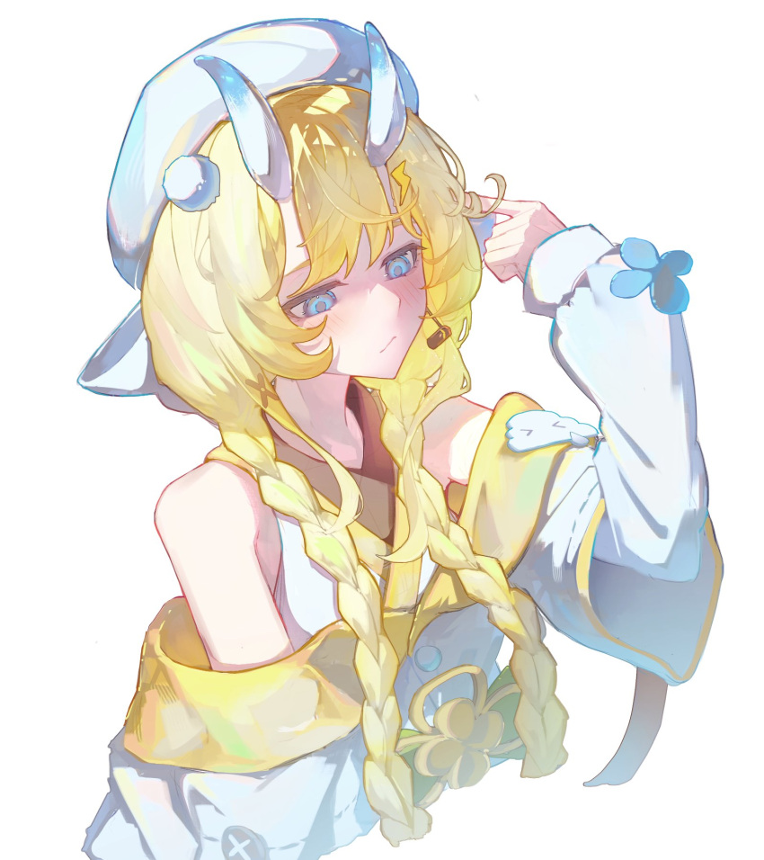 1girl, armpit_crease, bare_shoulders, blonde_hair, blue_eyes, blue_horns, blush, braid