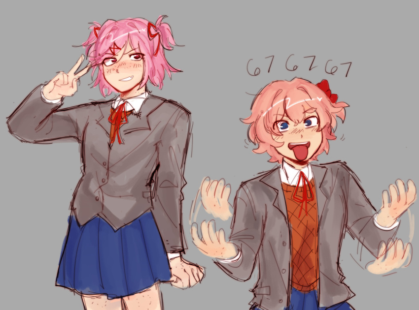 2girls, 67_(meme), absurdres, blazer, blue_eyes, blue_skirt, blush, bow