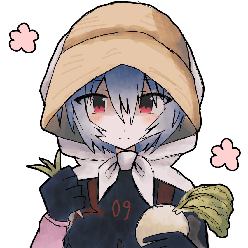 1girl, ayanami_rei, black_bodysuit, blue_hair, blush, bodysuit, breasts, carrot, commentary_request, food, hair_between_eyes, hat, highres, holding, holding_food, holding_vegetable, looking_at_viewer, mecha_pilot_suit, medium_breasts, neon_genesis_evangelion, plugsuit_(evangelion), radish, red_eyes, short_hair, simple_background, smile, solo, u_p_in45, vegetable, white_background