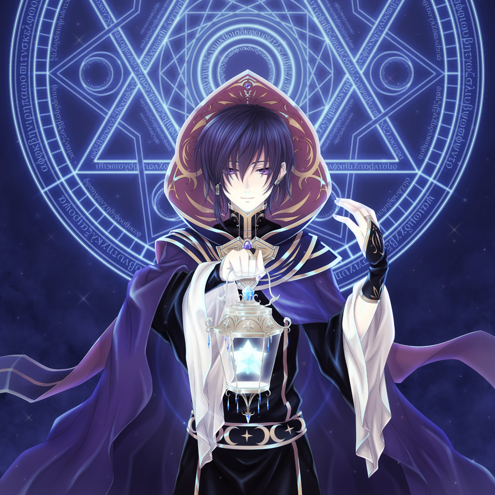bad_id, blue_hair, bridal_gauntlets, brooch, cloak, earrings, greek, jewelry, lantern, light_smile, magic_circle, male, nail_polish, original, purple_eyes, short_hair, solo, tty_kyoko, violet_eyes, wide_sleeves