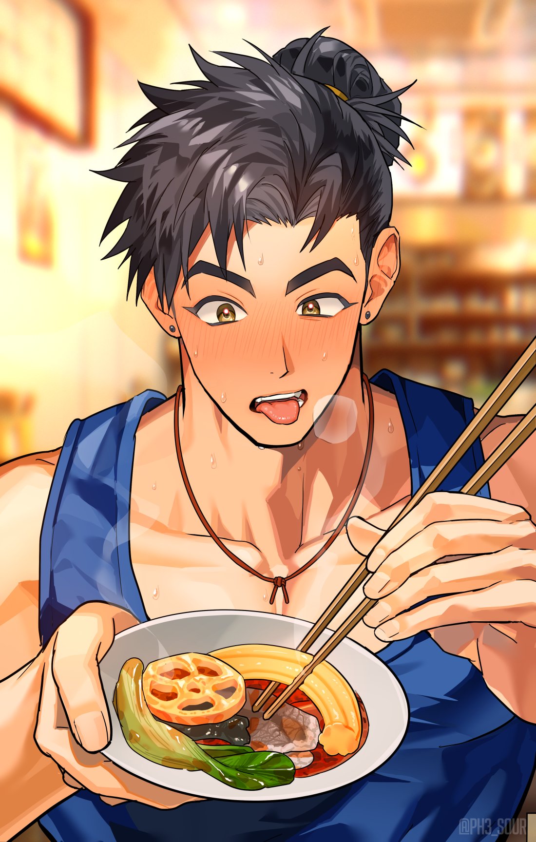 1boy, bare_shoulders, black_hair, blue_tank_top, blurry, blurry_background, blush, brown_eyes