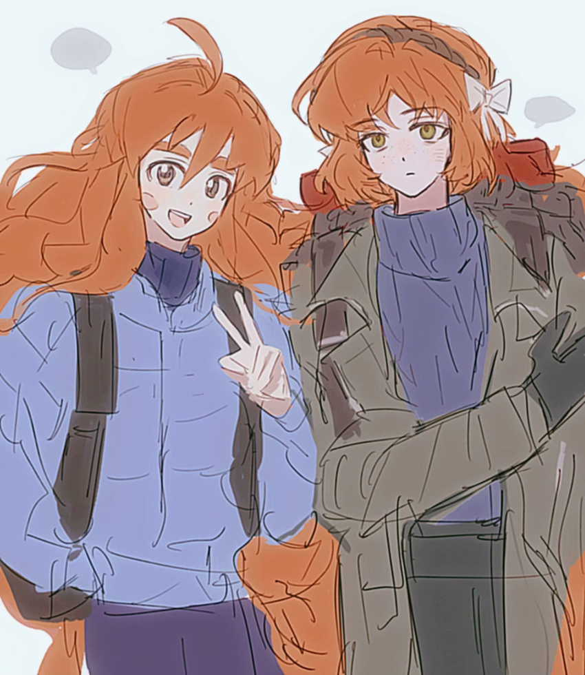 2girls, ahoge, black_gloves, blue_jacket, blue_sweater, celeste_(game), coat, commentary