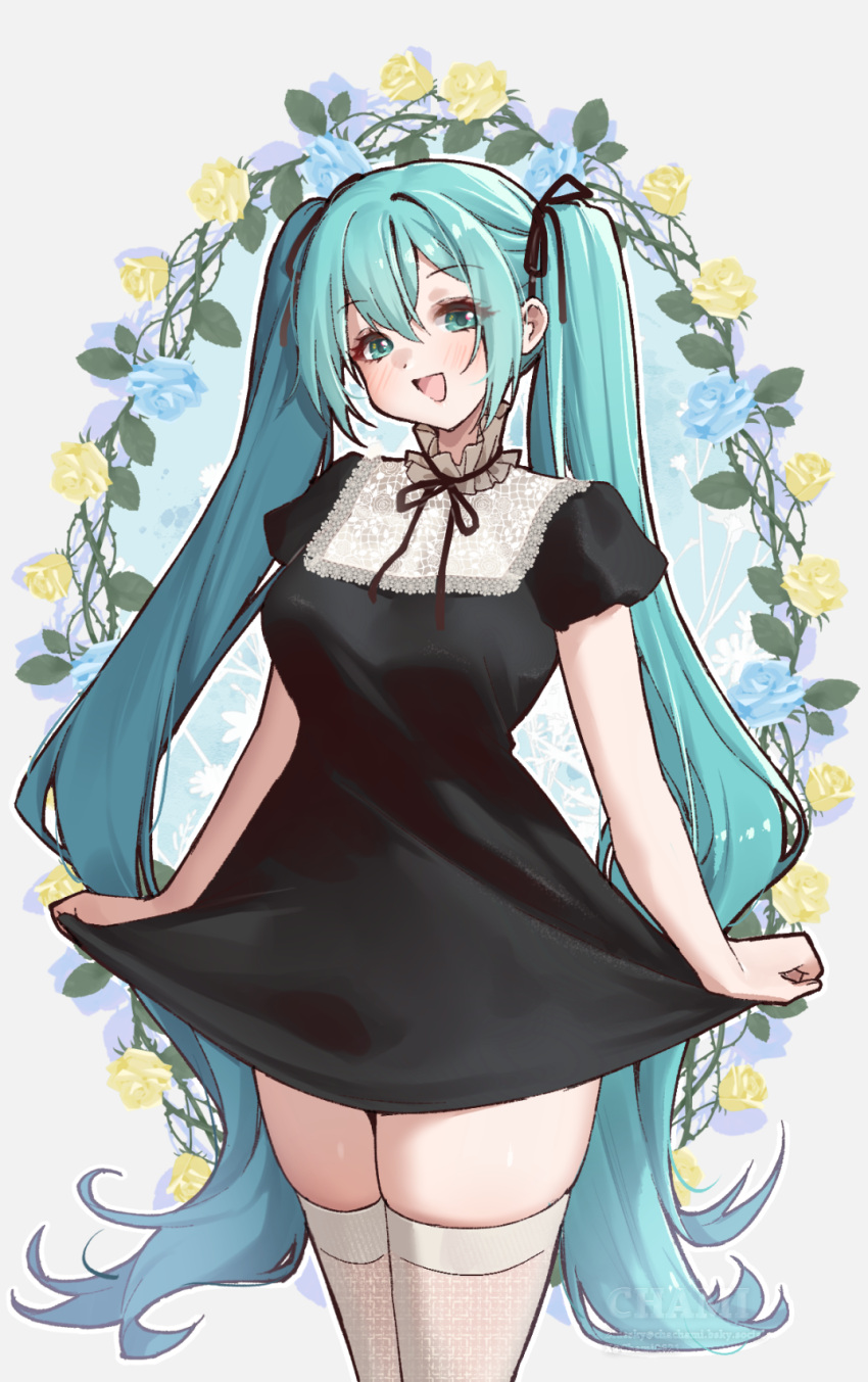 1girl, :d, aqua_eyes, aqua_hair, black_dress, black_ribbon, blue_background, blue_flower