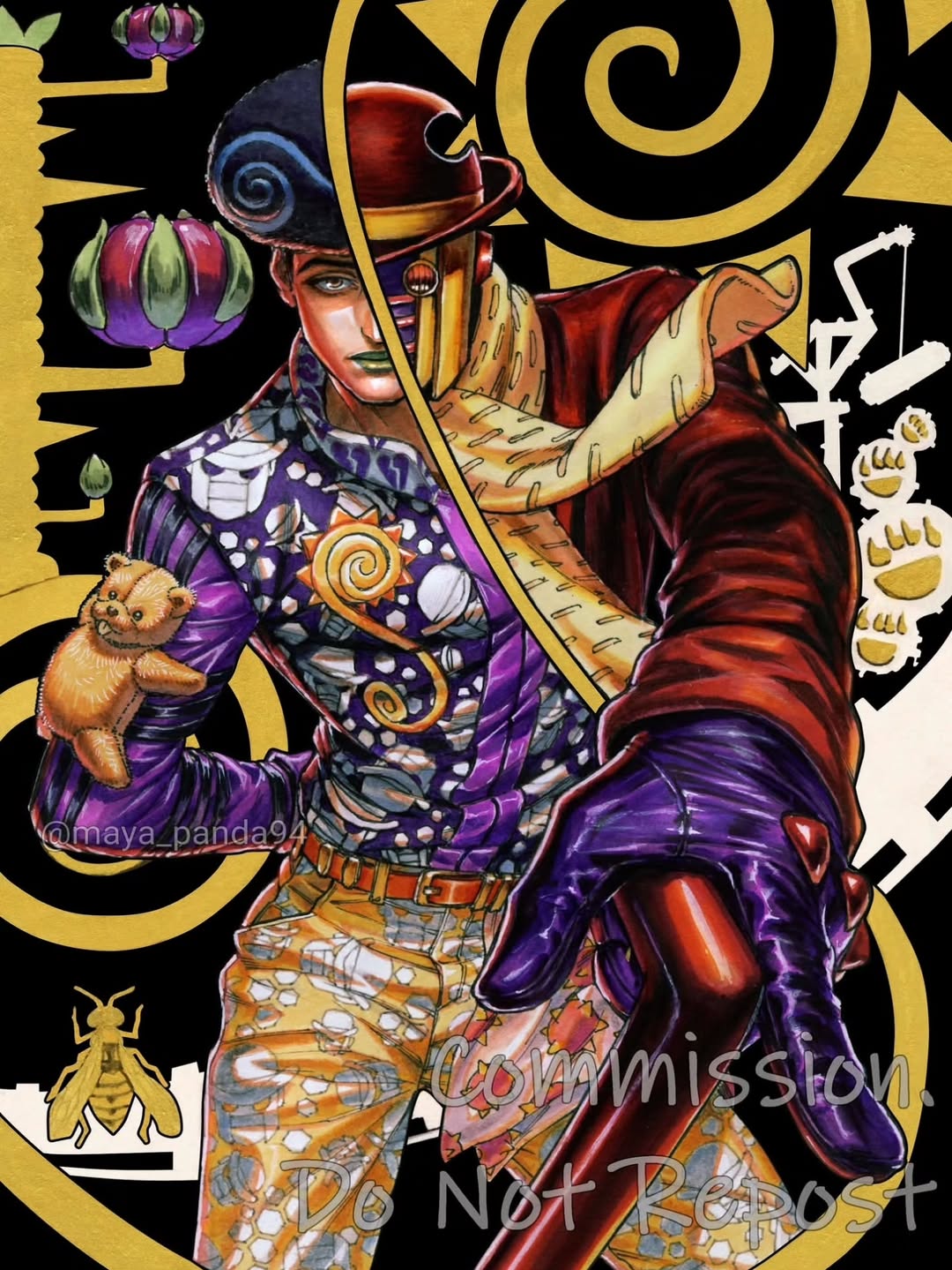 1boy, 1other, afro, alternate_costume, arm_behind_back, belt, belt_buckle, black_hair