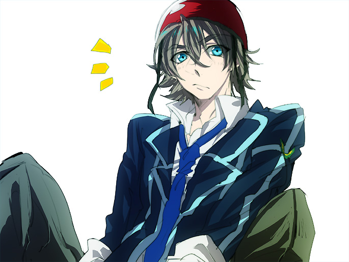 blazer, blue_eyes, brown_hair, helmet, male, necktie, sacred_seven, school_uniform