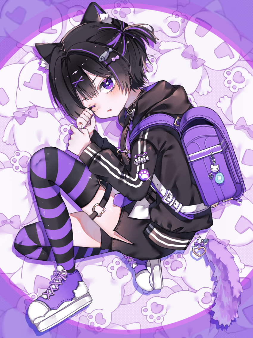 1boy, animal_ear_fluff, animal_ears, backpack, bag, black_hair, black_hoodie, black_shorts
