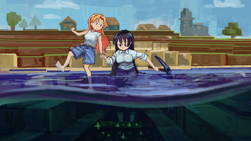 2girls, absurdres, barefoot, black_hair, blonde_hair, blue_shorts, blue_sky, character_request