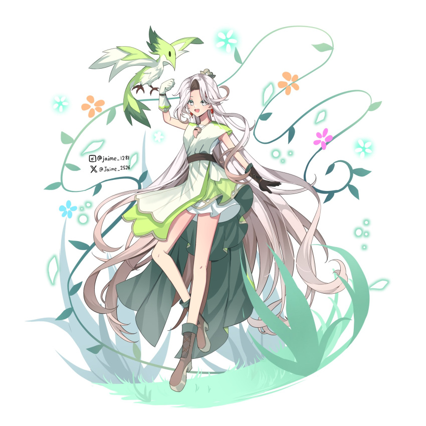 1girl, animal, bird, cookie_run, cookie_run:_ovenbreak, dress, flower, green_eyes, hair_ornament, hashtag-only_commentary, highres, jaime_2526, long_hair, simple_background, solo, starch_noodle_cookie, watermark, white_background, white_hair