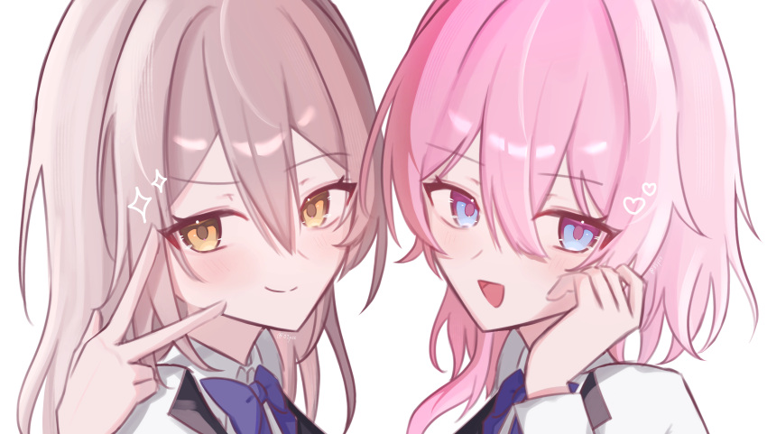 2girls, absurdres, artist_name, blue_eyes, bow, bowtie, close-up, commentary_request