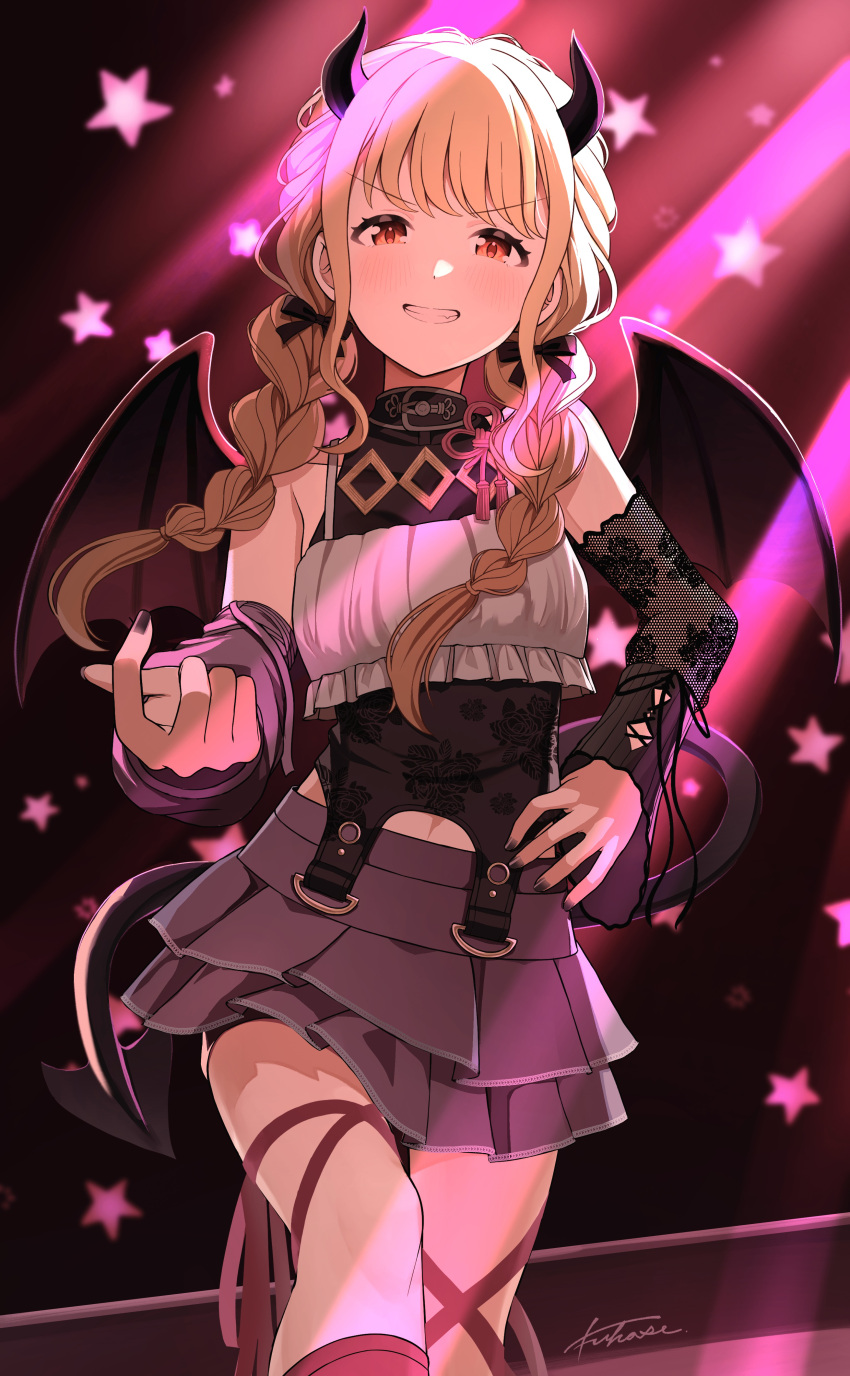 1girl, absurdres, beckoning, black_bow, black_horns, black_nails, black_shirt, black_sleeves