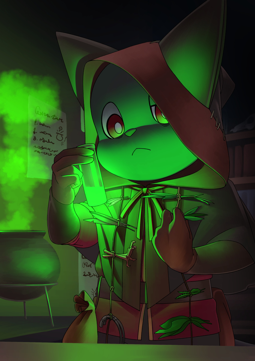 1girl, absurdres, alchemy, capelet, cat_girl, cauldron, commentary_request, dark