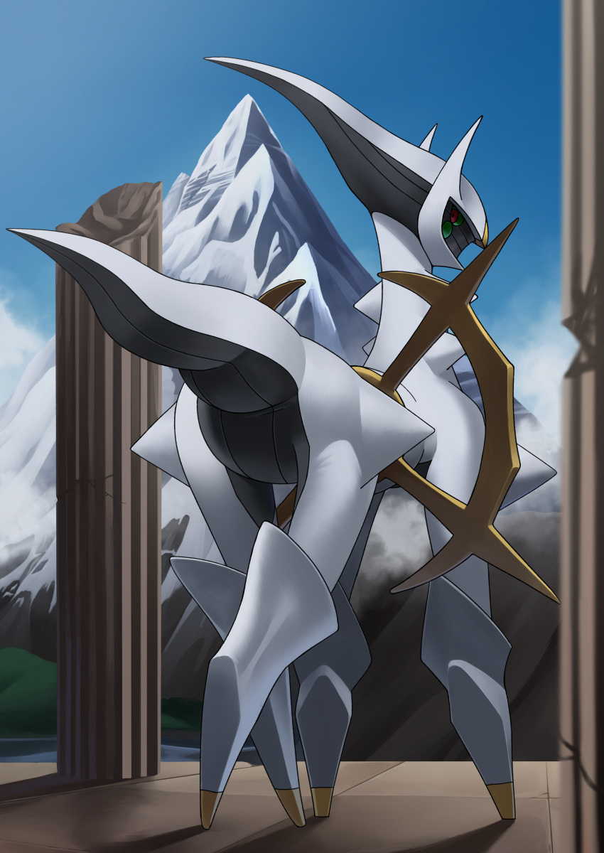 absurdres, arceus, blue_sky, broken_pillar, colored_sclera, commentary_request, day, from_behind