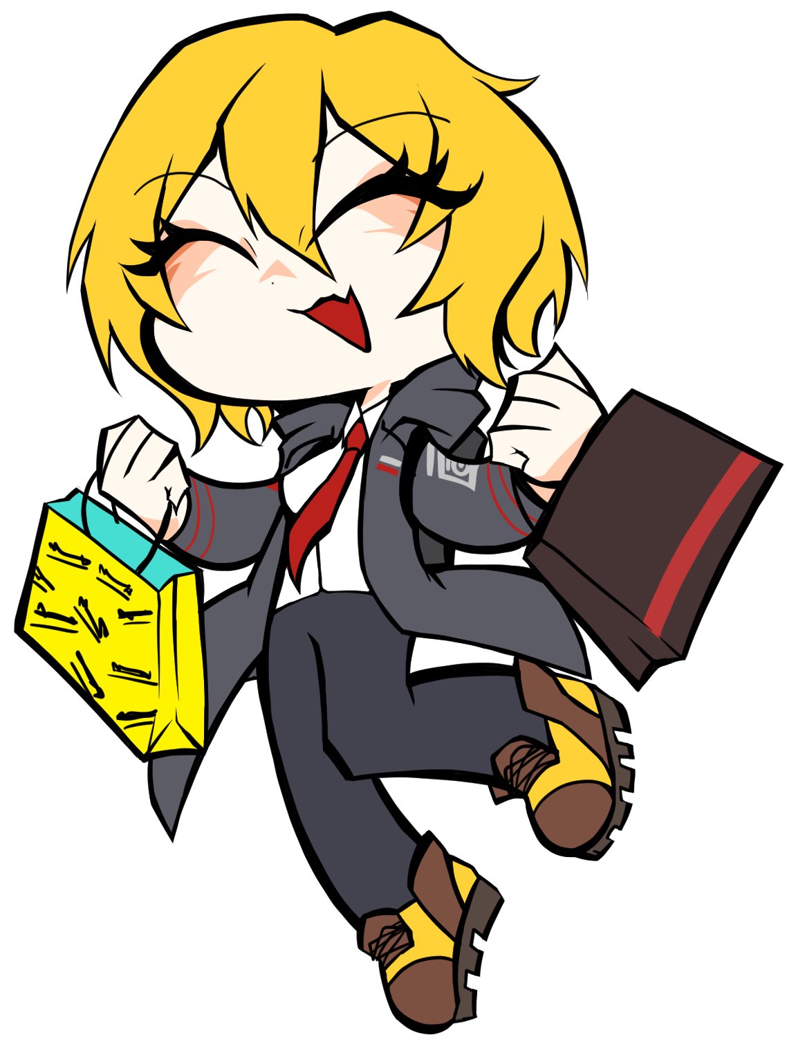 1girl, badge, bag, black_coat, blonde_hair, brown_shoes, button_badge, chibi, coat, collared_shirt, commentary_request, don_quixote_(project_moon), highres, holding, jacket, limbus_company, mone_felis, necktie, open_mouth, pants, project_moon, red_necktie, shirt, shoes, shopping, shopping_bag, short_hair, smile, solo, white_background, white_shirt