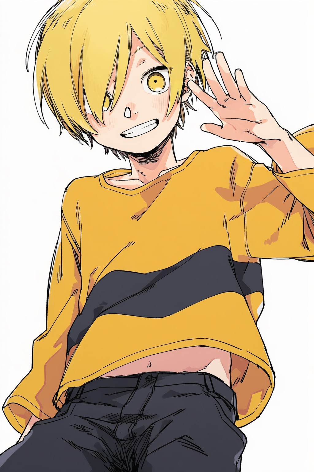1boy, ai-assisted, black_pants, blaster_(kuku88), blonde_hair, colokhan, commentary, english_commentary