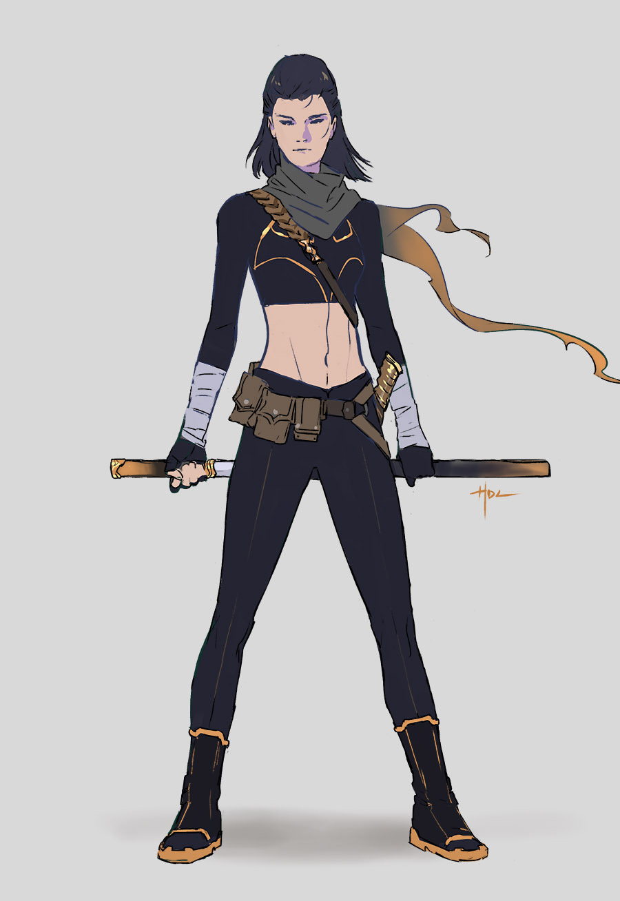 1girl, batgirl, batman_(series), batman_symbol, belt, black_bat_costume, black_bodysuit, black_hair, bodysuit, breasts, cassandra_cain, crop_top, cropped_shirt, dc_comics, drawing_sword, gauntlets, highres, holding, holding_sheath, holding_sword, holding_weapon, huangdanlan, katana, midriff, navel, no_mask, scabbard, sheath, short_hair, sports_bra, superhero_costume, sword, thighs, unsheathing, utility_belt, weapon