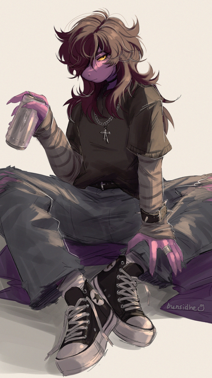 1girl, alternate_costume, an-coinin, artist_name, black_choker, black_shirt, black_shoes, brown_hair